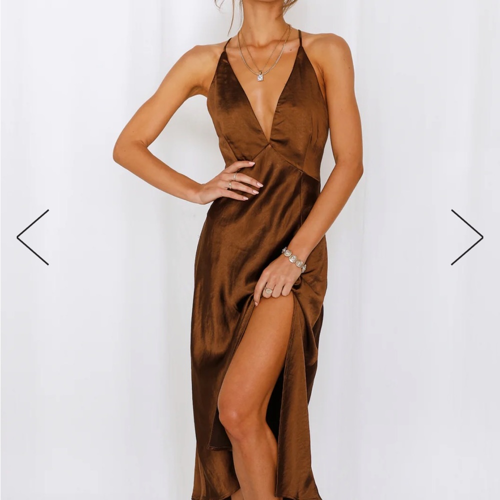 Hello Molly La Di Da Brown Satin Slip Midi Dress